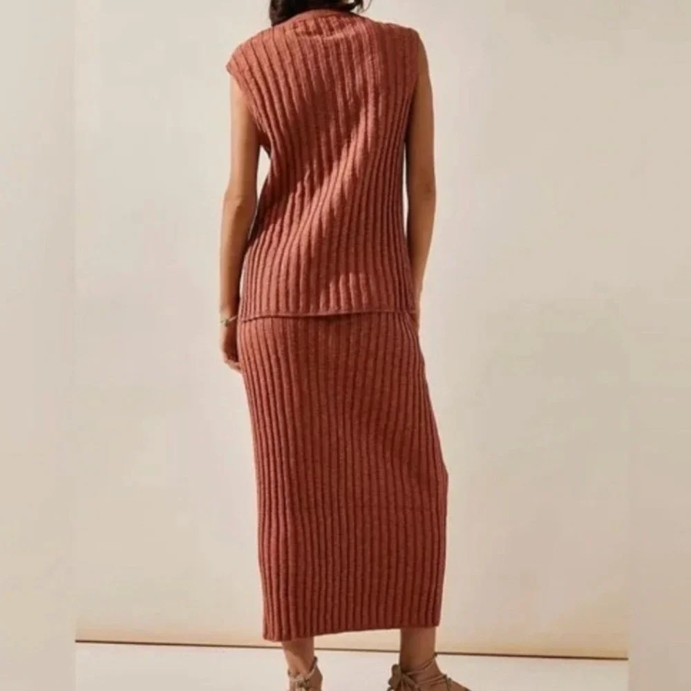 Free People Veda Set - Cinnamon Rust Ribbed Knit Midi Skirt and Top